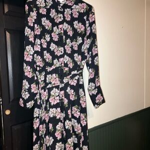 Nannette Black and Pink Floral Long Sleeve Dress with pleated bodice.